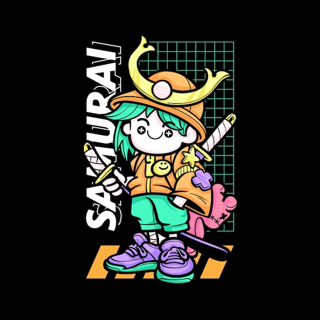 Kawaii Cute Samurai Ilustración vectorial de personajes