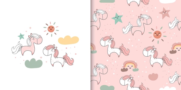 Kawaii Cute Unicorn con una nube y estrellas Tarjeta de dibujos animados y conjunto de patrones sin fisuras Vector illustrat