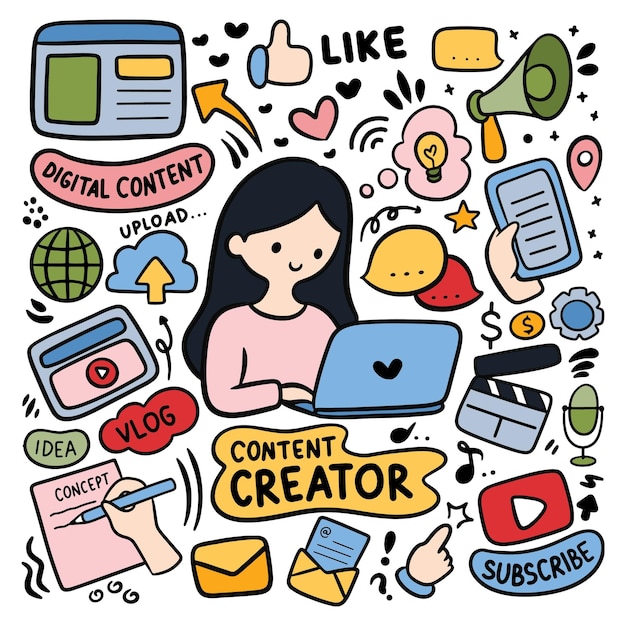 Kawaii dibujado a mano creador de contenido marketing digital vlog doodle ilustración vectorial