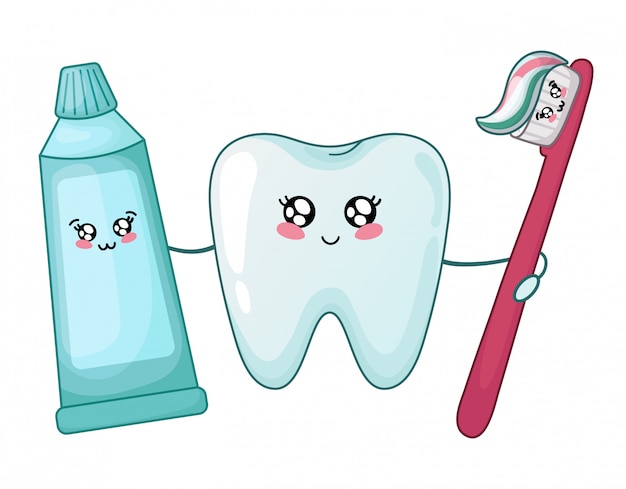 Kawaii dientes sanos y pasta de dientes y cepillo