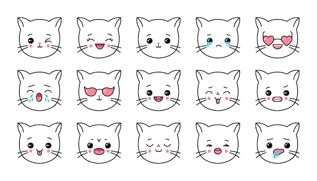 Kawaii emoji de gato Expresión linda emoticon de cabeza de gatito dibujos animados maravillosos personajes japoneses Anime llorando o alegre emoji avatar o perfil Vector contorno cara de gatito mascota conjunto