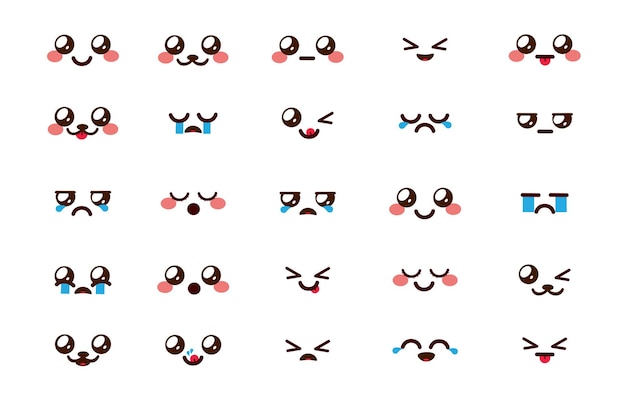 Kawaii emoticon chibi vector set Emoji emoticonos de dibujos animados cara en reacciones y expresiones faciales