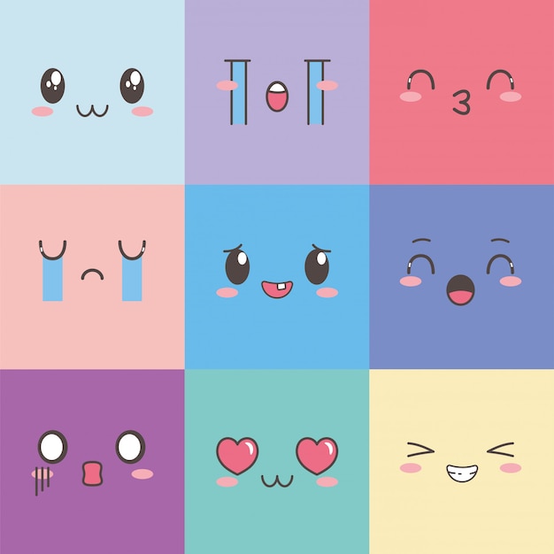 Kawaii enfrenta expresión conjunto de colores cuadrados de emoticon de dibujos animados