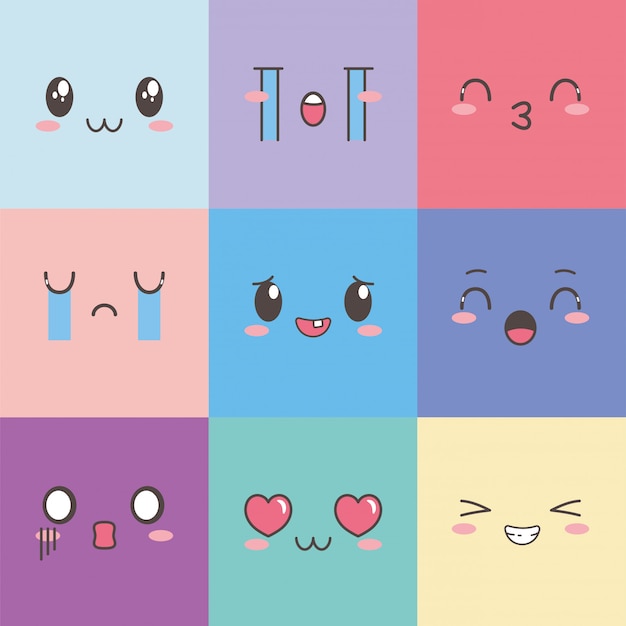 Vector kawaii enfrenta expresión conjunto de colores cuadrados de emoticon de dibujos animados