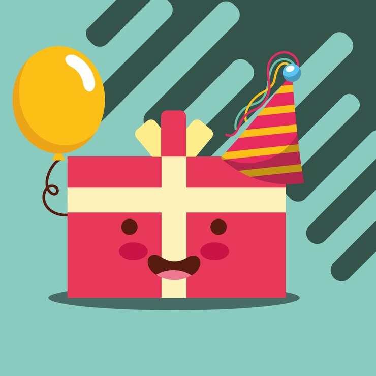 Vector kawaii envuelto sombrero de caja de regalo y globo