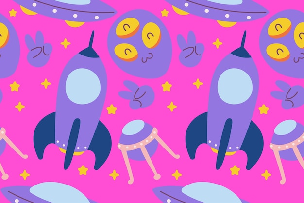 Kawaii Espacio exterior Patrón sin costuras Fondo Lindo Cósmico Perfecto Niños Ropa Doodle Dibujos animados para Galaxy Exploration Universo Moda Envoltura Textil Collage Impresión gráfica Ilustración vectorial