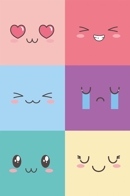 Vector kawaii facial adorable expresión emoticon conjunto de caracteres de dibujos animados