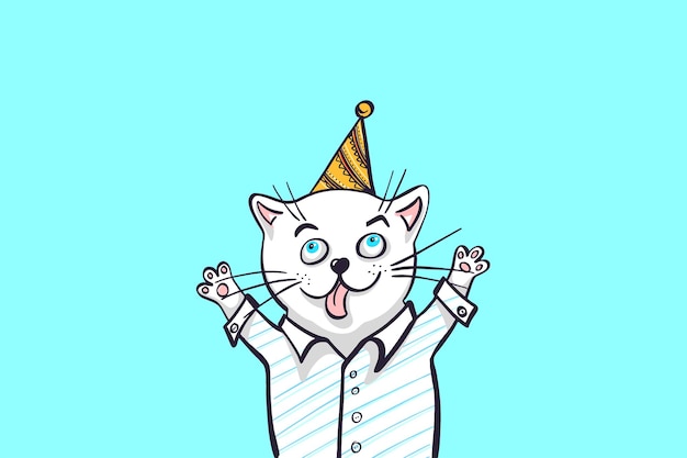 Kawaii un gato alegre con una camisa y una gorra con patas arriba Dibujo de tarjetas de felicitación para su diseño Ilustración vectorial dibujada a mano Estilo de dibujos animados