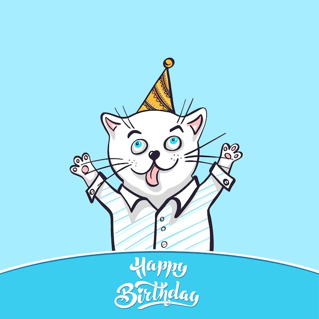 Kawaii un gato alegre con una camisa y una gorra con patas arriba Dibujo de tarjetas de felicitación para su diseño Ilustración vectorial dibujada a mano Estilo de dibujos animados