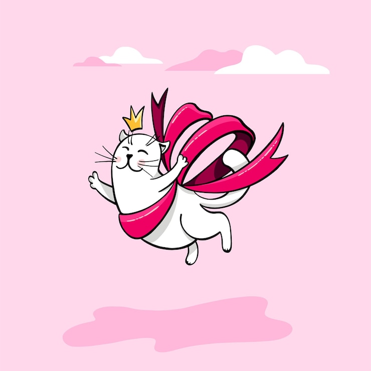 Vector kawaii un gato feliz con un arco volando en las nubes con una corona en la cabeza dibujo de tarjetas de felicitación para su diseño ilustración vectorial dibujada a mano estilo de dibujos animados