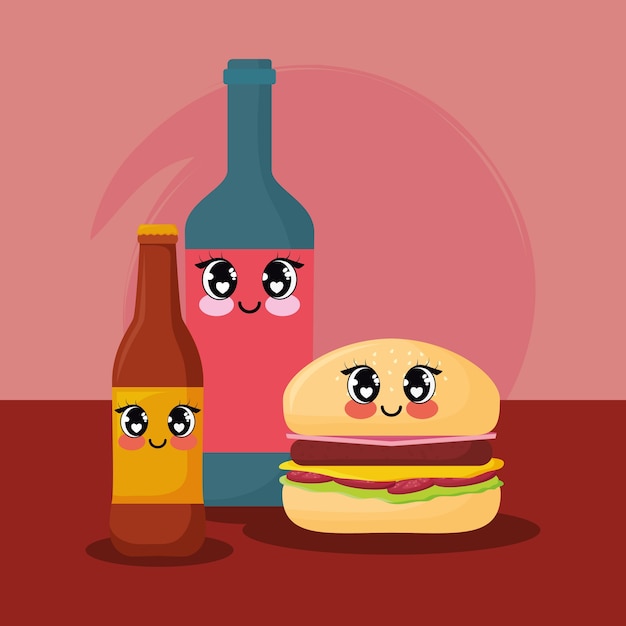 Vector kawaii hamburguesas y botellas