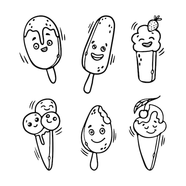 Kawaii Ice Cream contorno doodle conjunto de dibujos animados Caras de personajes divertidos para colorear página Vector Premium