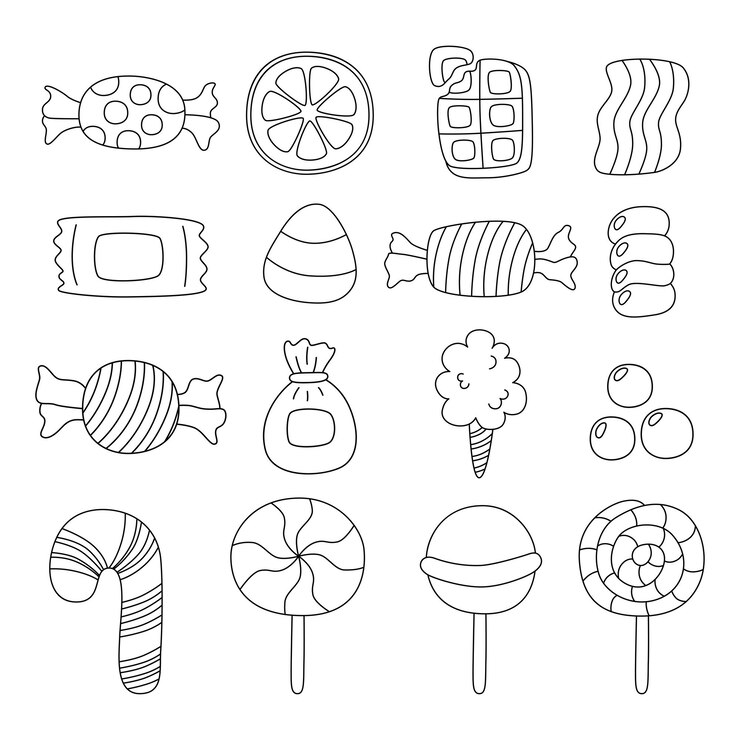 Kawaii lindo conjunto de dulces postres dulces con diferentes tipos aislado sobre fondo blanco.