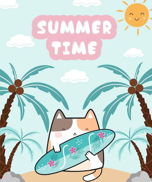 Kawaii lindo gato sosteniendo una tabla de surf Fondo de garabato de dibujos animados con texto Summer Time Vector Illus