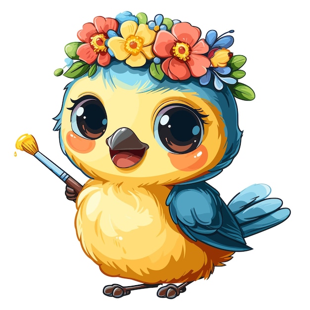 Vector kawaii lindo logotipo vectorial pegatina de un pájaro que lleva una corona de flores y sostiene un pincel