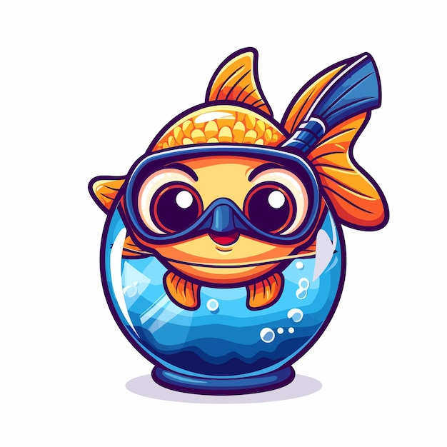 Vector kawaii lindo logotipo vectorial pegatina de pez que lleva un vaso de snorkel