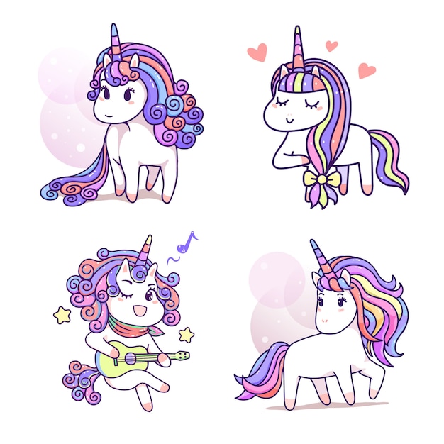 Kawaii lindo unicornio posando, color pastel de dibujos animados, conjunto de estilo cómico