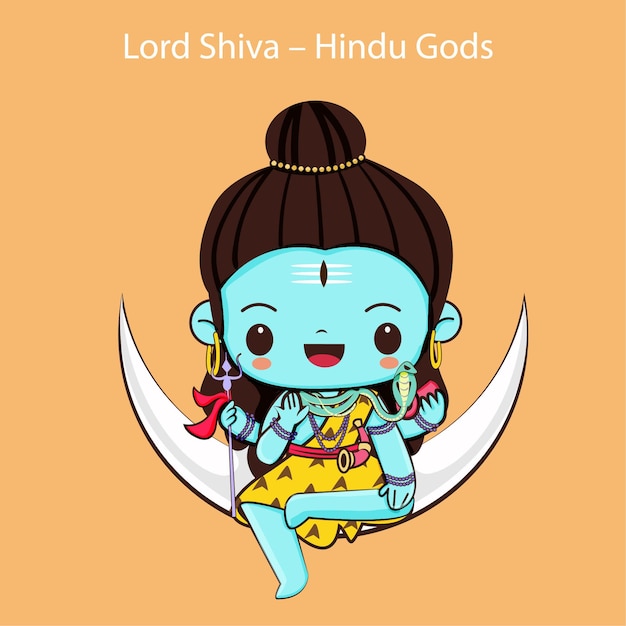 Vector kawaii lord shiva, el dios hindú en una pose sentada con una serpiente alrededor de su cuello