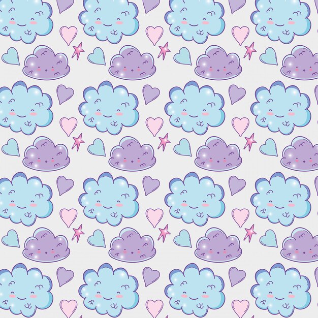 Kawaii mullidas nubes con fondo de estrellas y corazones