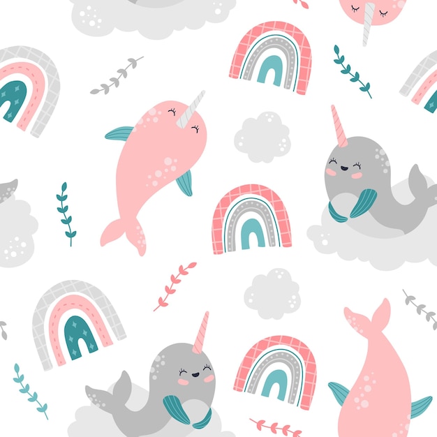 Kawaii narval y arco iris de colores de patrones sin fisuras, lindos personajes de ballena bebé. Vida marina, animales del océano con cuerno, ilustración de dibujos animados planos vectoriales de moda moderna sobre fondo blanco, diseño de repetición