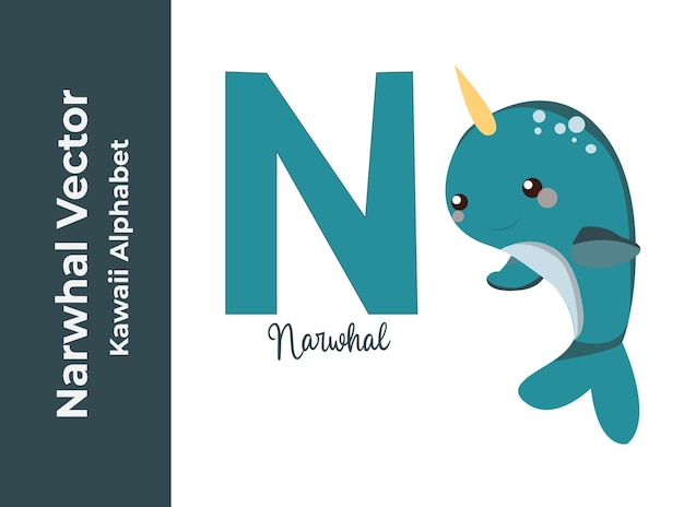 Kawaii narwhal vector alfabeto letra n