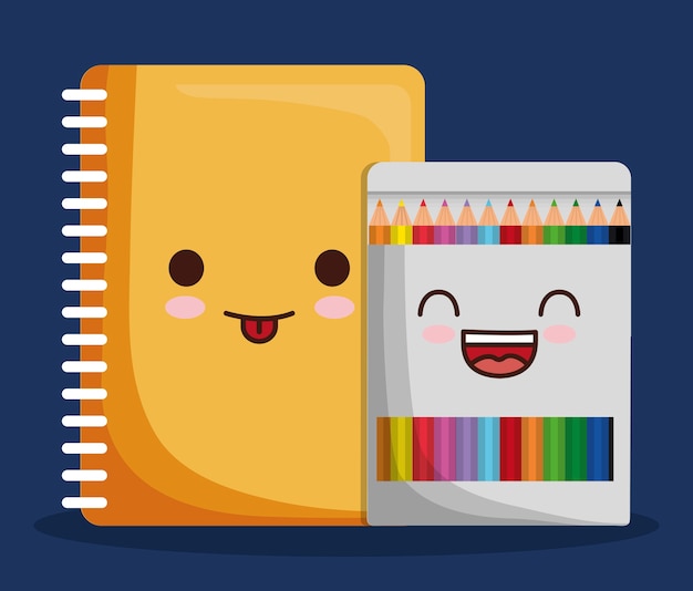 Kawaii notebook and colors box icon