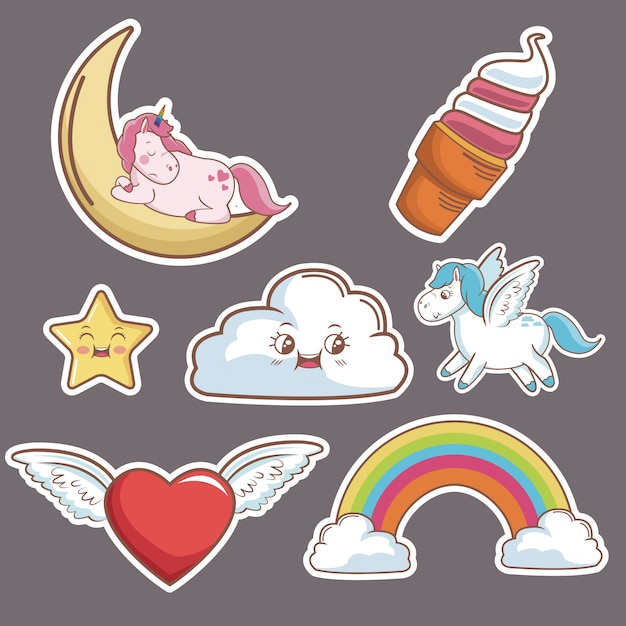 kawaii, nube, corazón, alas, unicornio, helado, luna, estrella