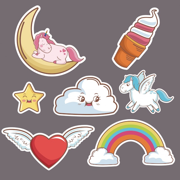 Vector kawaii, nube, corazón, alas, unicornio, helado, luna, estrella