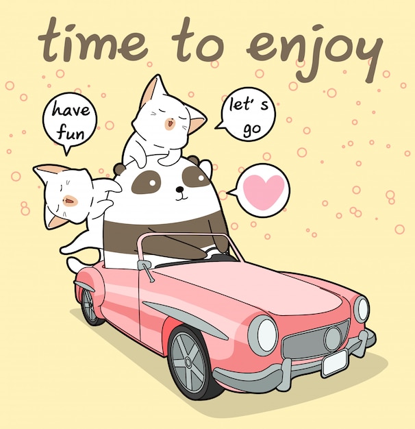Kawaii panda conduce un auto rosa con 2 gatos