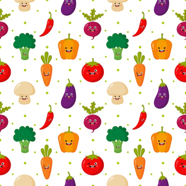 Kawaii de patrones sin fisuras personajes de dibujos animados divertidos vegetales aislados en blanco.