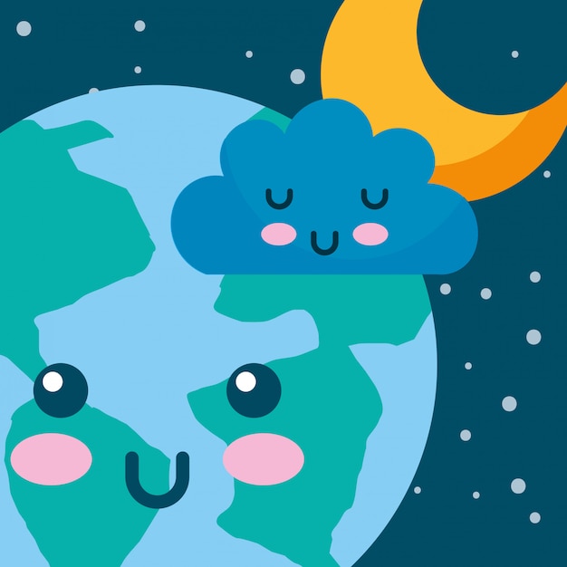 Kawaii planeta tierra nube y estrella espacio de dibujos animados