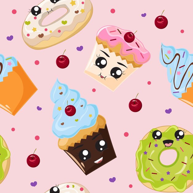 kawaii, postre, caricatura, seamless, patrón