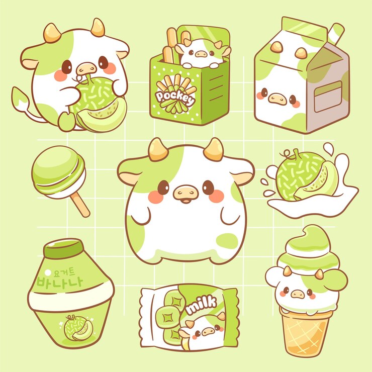 Vector kawaii producto de leche de vaca y melón leche dulce leche postre pegatina bonita