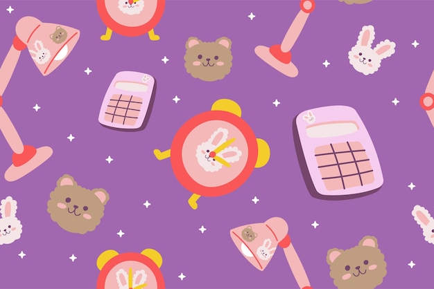 Kawaii Regreso a la escuela papelería Patrón sin costuras Fondo Lindo Dibujado a mano Suministros de oficina Perfecta Ropa para niños Doodle Dibujos animados Niños en edad preescolar Aprendizaje Envoltura Textil Impresión gráfica Vector