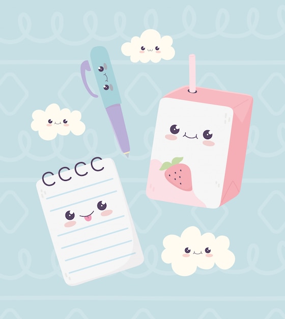 Vector kawaii school notepad pen and juice box nubes personaje cartoon