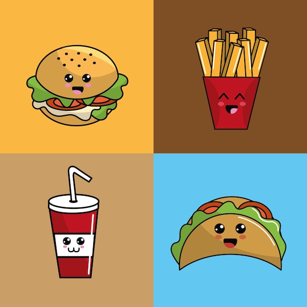 Kawaii set icono de comida rápida expresión adorable