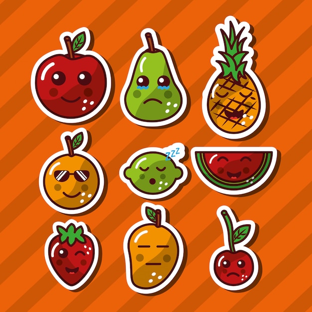 Vector kawaii sonriendo frutas adorable comida dibujos animados