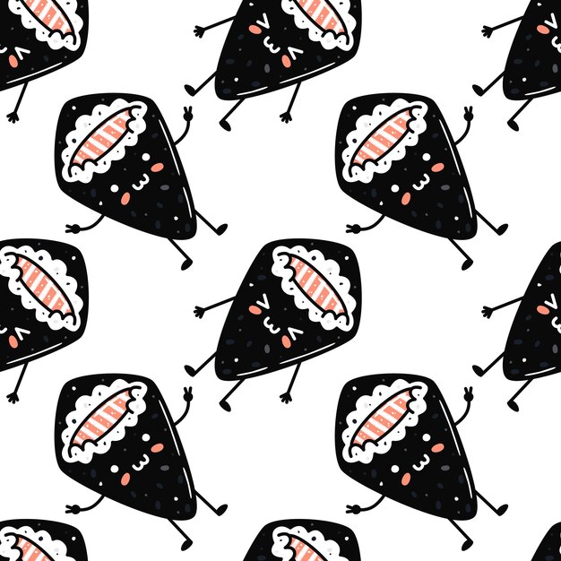 Kawaii sushi ilustración Vector plano dibujado a mano de patrones sin fisuras