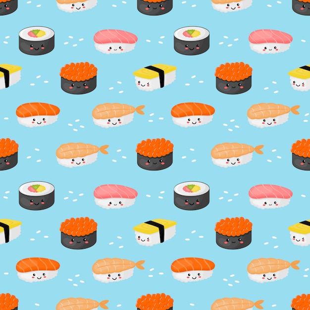 Kawaii sushi y sashimi de patrones sin fisuras en azul