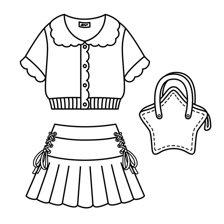 Vector kawaii traje cómodo página de colorear con una camisa linda falda plisada y bolsa en forma de estrella atrevido fácil