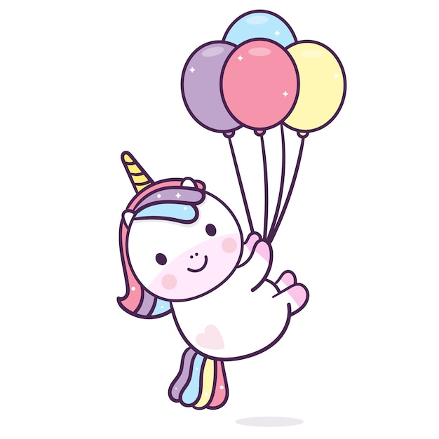 Kawaii unicornio sosteniendo globos