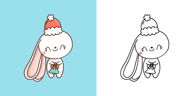 Kawaii vector conejito de navidad multicolor y blanco y negro hermoso clip art conejo de navidad