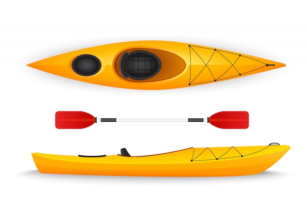 Vector kayak amarillo, con vistas superiores y laterales aisladas.