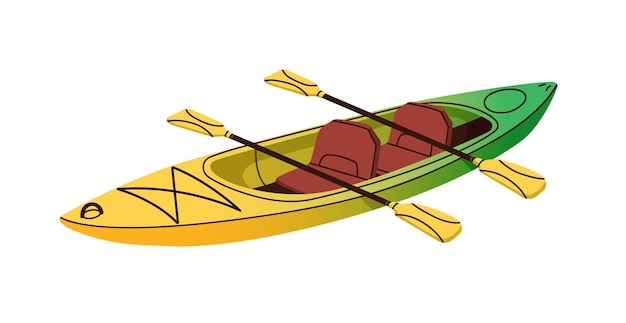 Kayak doble en tándem con paletas barco deportivo con remos para rafting remo surf en el agua transporte de embarcaciones de aventura para actividades de ocio ilustración vectorial plana aislada sobre fondo blanco