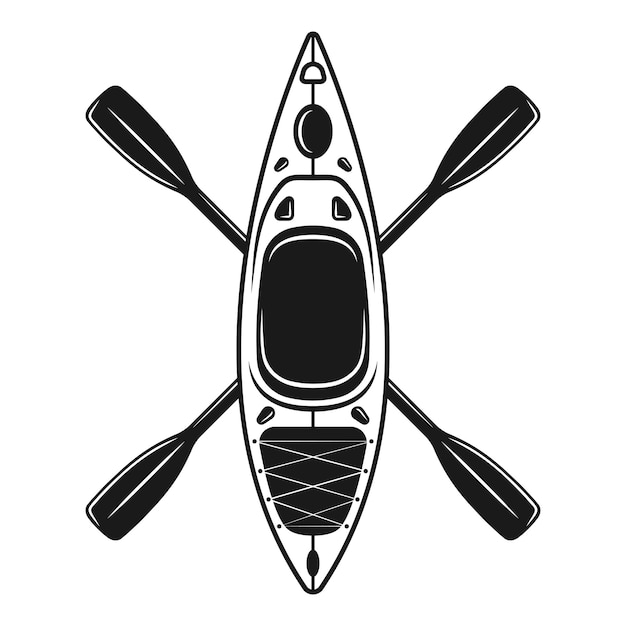 Kayak y dos remos cruzados ilustración vectorial en estilo monocromo vintage aislado sobre fondo blanco.