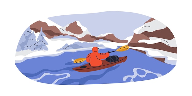 Kayak de invierno persona que viaja al aire libre sentada en un barco con paletas en clima frío hombre que hace rafting en el agua del río vacaciones en la naturaleza de invierno ilustración vectorial plana aislada sobre fondo blanco