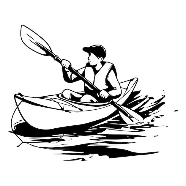 Kayak en el mar Ilustración vectorial de un hombre en un kayak