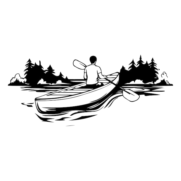 Vector kayak en las montañas ilustración vectorial de un hombre en una canoa