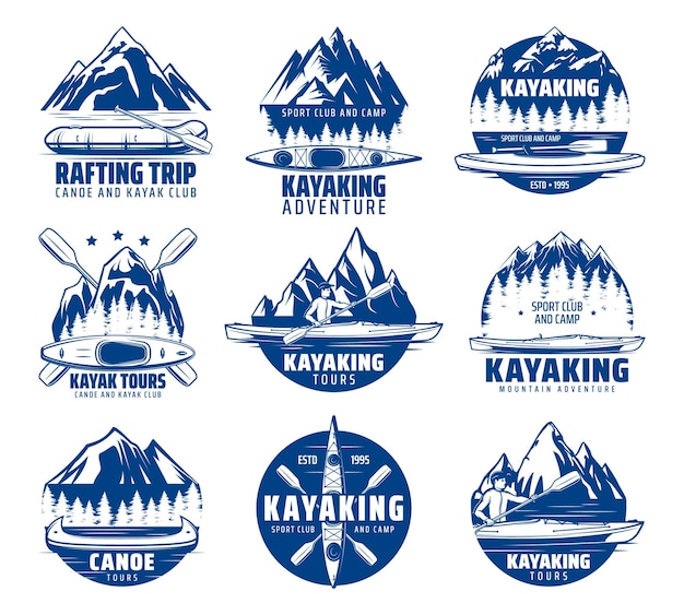 Vector kayak rafting y piragüismo deporte vector iconos