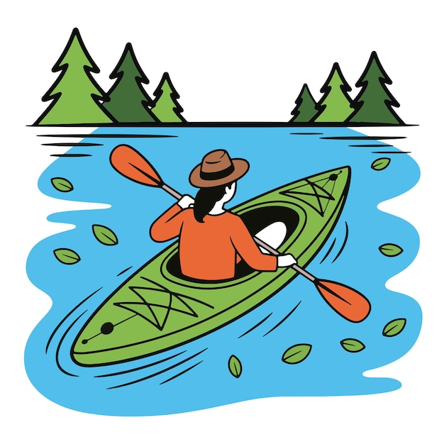 Kayaker remando en un lago rodeado de árboles